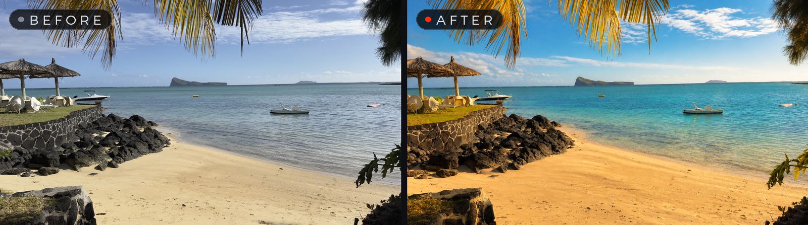 A beach photo enhanced — before and after