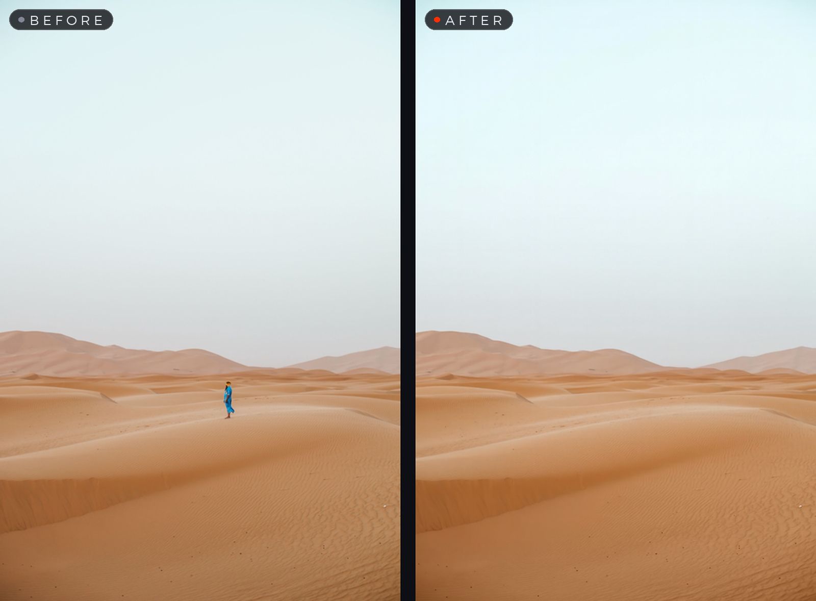A person removed from a desert photo — before and after