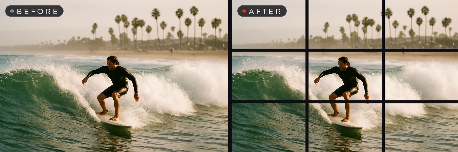 A surf photo split into a 3 by 3 grid